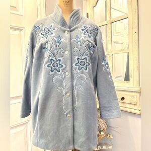 Bob Mackie‎ Embroidered Fleece Jacket XL Light Blue Button Front  Art To Wear